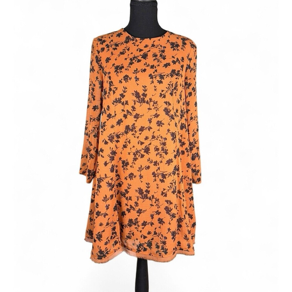 Kimchi Blue Orange Black Floral A-Line Mini Dress Long Sleeve Keyhole Tie Size S